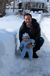 "Okay, I'll look up at Mom if you promise to bring me back inside.  But I'm not smiling."